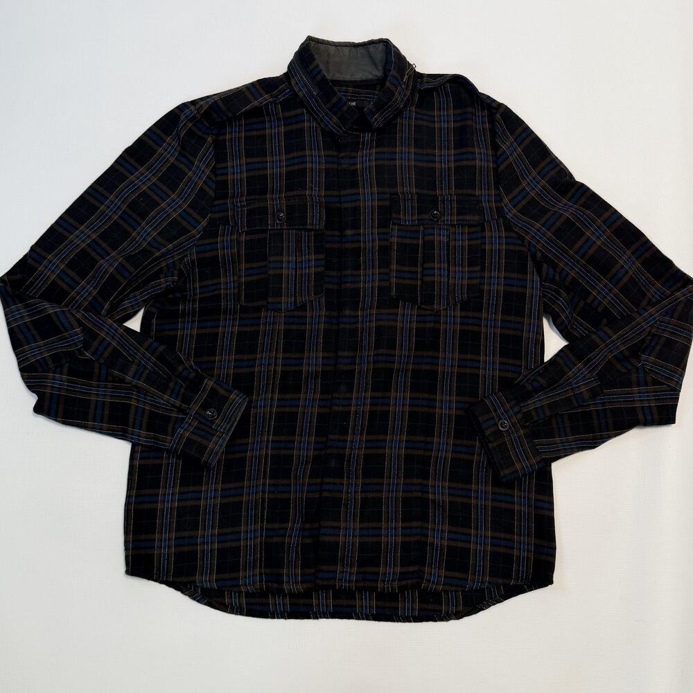 Nice Collective Shirt Mens Large Black Plaid Full Zip Band Collar Long Sleeve
